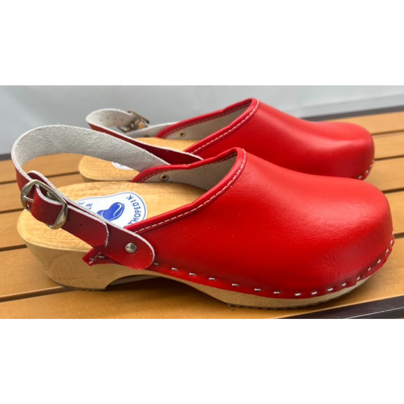 New Red ORTHOPEDIK Natural Leather Swedish Wood Clogs Mules 39 EU 8.5 US - Picture 3 of 9